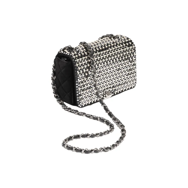CHANEL Velour Crossbody Bag, Shoulder Bag Women's Silver & Black & White-1
