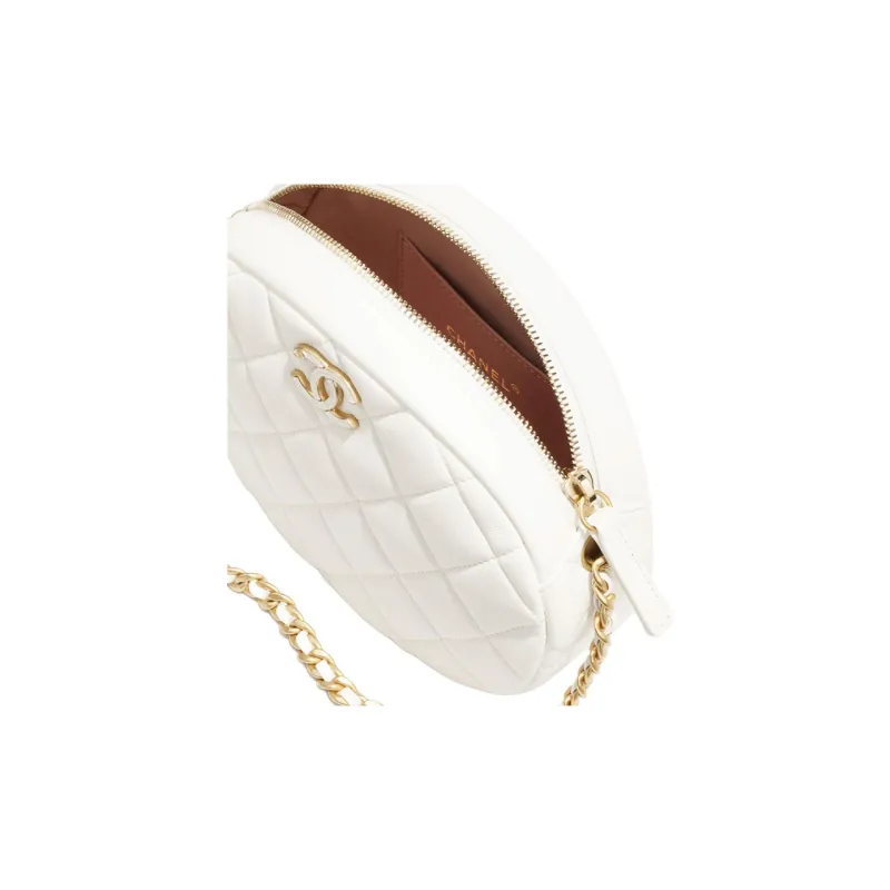 CHANEL Lambskin Glossy Lacquered Gold Metal Camera Bag One Shoulder Crossbody Handbag Clutch Mini Women's White-2