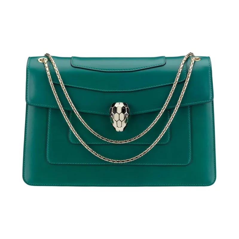 BVLGARI Serpenti Forever Cow Leather Snake Head Bag Chain Bag Shoulder Bag Women's Green-1