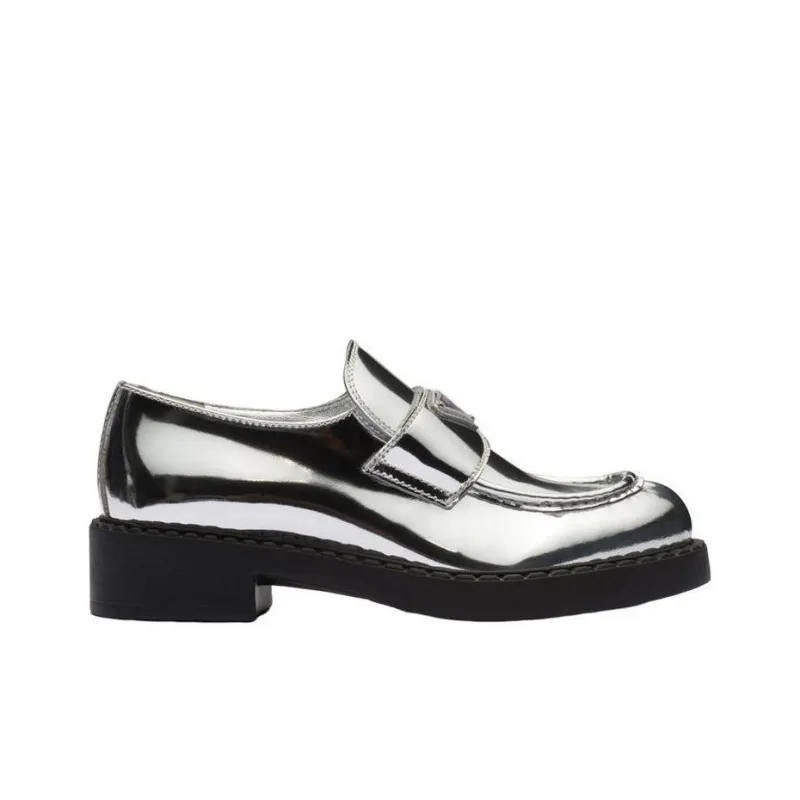 PRADA Metallic 50mm Loafers Silver Leather Women's-1