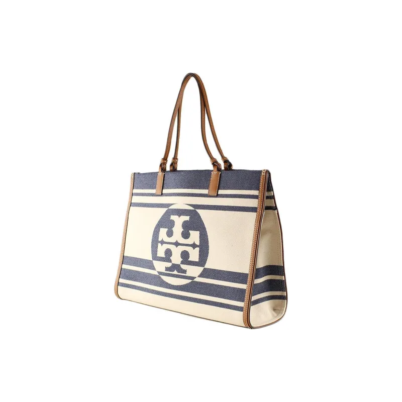 TORY BURCH Ella Jacquard Fabric Cow Leather Tote Bag Shopping Bag Shoulder Bags Women's Marine Blue-2