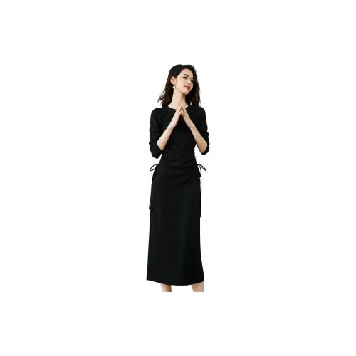 Late White Long-Sleeved Dresses Women's Black