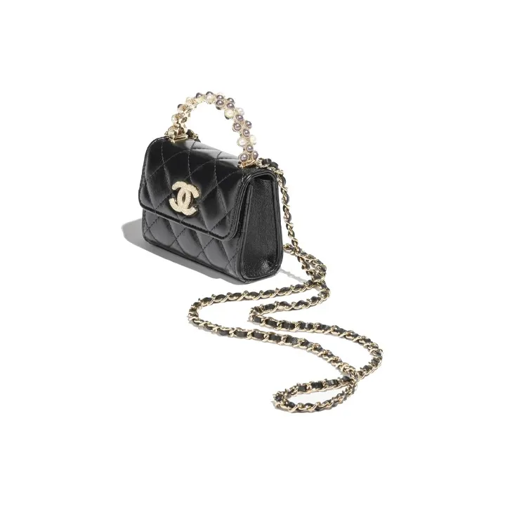 CHANEL Bright Crinkle Lambskin Artificial Pearl Handbag, Shoulder Bag, Crossbody Bag Trumpets Women's Black-1