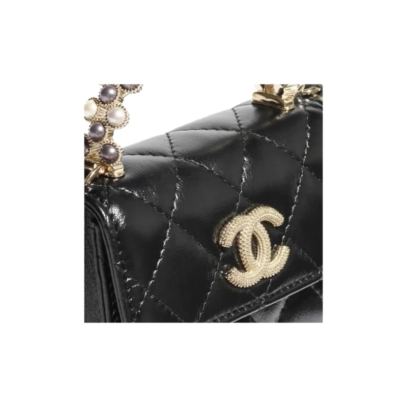 CHANEL Bright Crinkle Lambskin Artificial Pearl Handbag, Shoulder Bag, Crossbody Bag Trumpets Women's Black-2