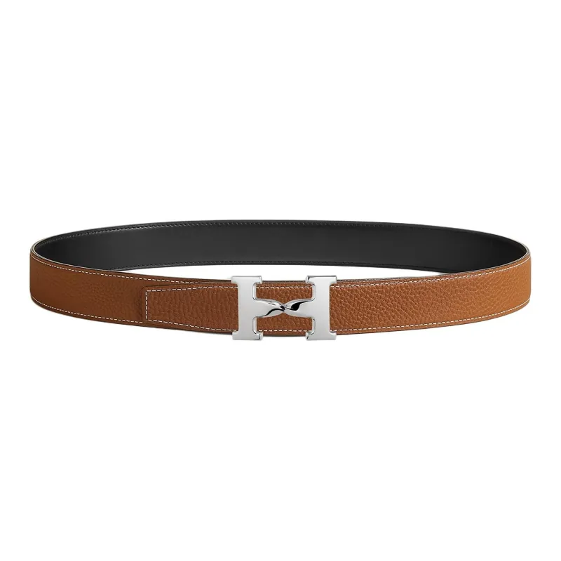 HERMES Logo Pin Buckle Leather Belts Men's Black/Brown Width 3.2CM-1