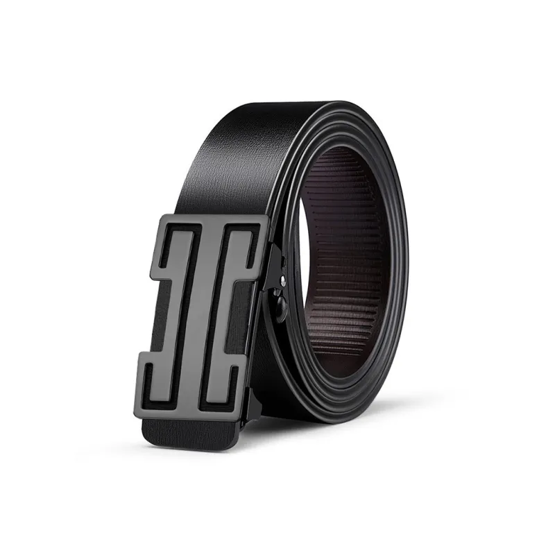 NIUMJ Genuine Leather No Buckle Business Casual Inward Curling Practical Automatic Buckle Leather Belts Men's 3.4CM-1