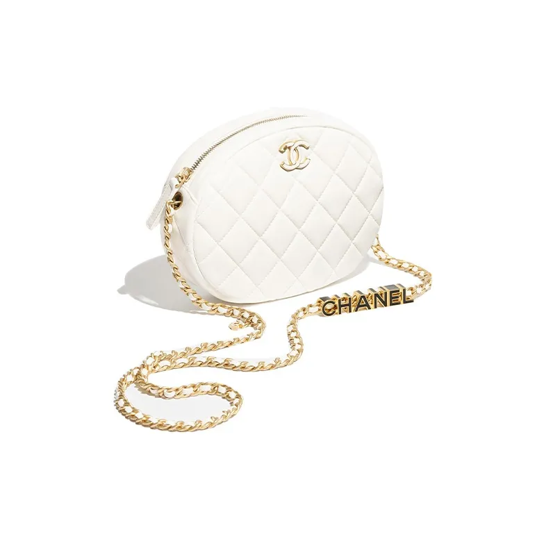 CHANEL Lambskin Glossy Lacquered Gold Metal Camera Bag One Shoulder Crossbody Handbag Clutch Mini Women's White-1