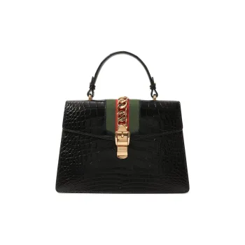 GUCCI Sylvie Crocodile Leather Crossbody Handbag, Shoulder Bag Medium Size Women's Black