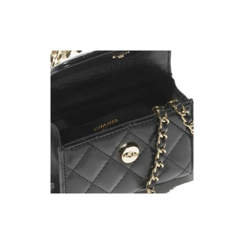 CHANEL Bright Crinkle Lambskin Artificial Pearl Handbag, Shoulder Bag, Crossbody Bag Trumpets Women's Black-3
