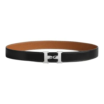 HERMES Logo Pin Buckle Leather Belts Men's Black/Brown Width 3.2CM