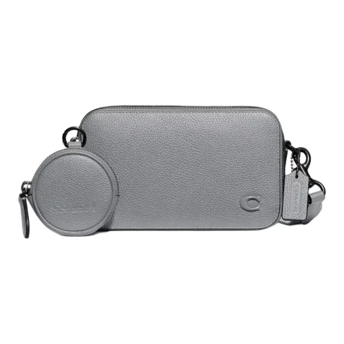 COACH Charter Polished Pebbled Leather Shoulder Bag, Crossbody Bag Small Size Men's Gray Blue