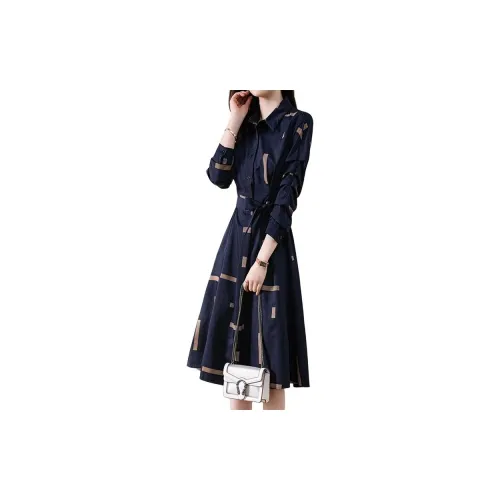 Mapping Long-Sleeved Dresses Women's Navy Blue