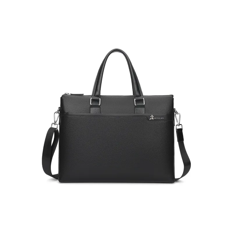 MEXICAN Cow Leather Briefcase, Lawyer Bag, One Shoulder Laptop Bag, Crossbody Handbag Regular Men's Black-0