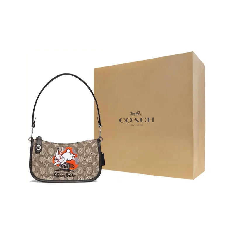 COACH All White Rabbit Collaboration Swinger Cow Leather With Fabric Shoulder Bag Women's Khaki & Black-4