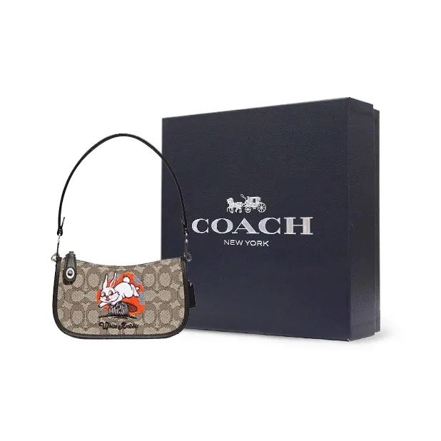 COACH All White Rabbit Collaboration Swinger Cow Leather With Fabric Shoulder Bag Women's Khaki & Black-5