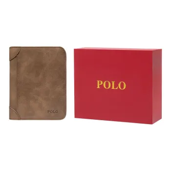 POLO Top Grain Cow Leather Men's Card Holder Wallet Medium Size Men's Light Coffee