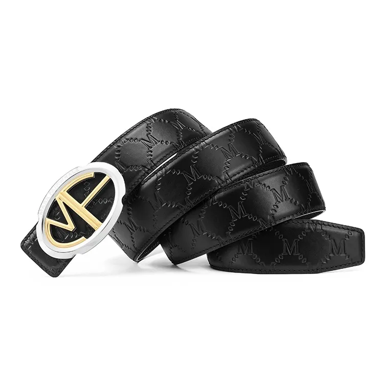 FAIRWHALE Brand New Arrival Logo M Pattern Plate Buckle Belt Top Grain Cow Leather Belt Men's Width 3.5CM-1
