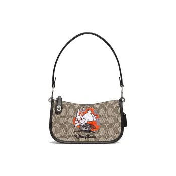 COACH All White Rabbit Collaboration Swinger Cow Leather With Fabric Shoulder Bag Women's Khaki & Black