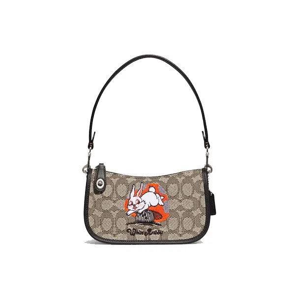 COACH All White Rabbit Collaboration Swinger Cow Leather With Fabric Shoulder Bag Women's Khaki & Black-0