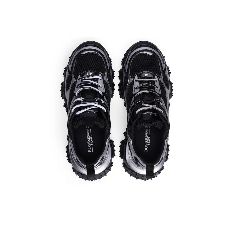 BOSSSUNWEN Anti Slip Wear Resistant Low Top Chunky Sneakers Unisex Black Silver-2