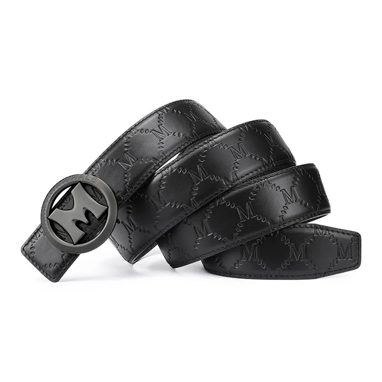 FAIRWHALE Brand Front Logo Pattern M Plate Buckle Genuine Leather Belt Top Grain Cow Leather Belt Men's Width 3.5CM-2
