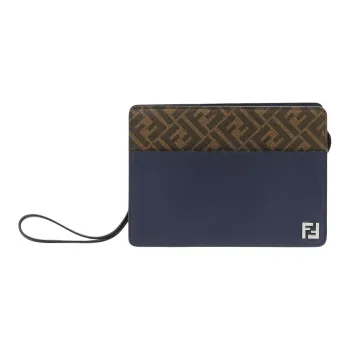 FENDI FF Canvas With Leather Wrist Bag Clutch Men's Blue