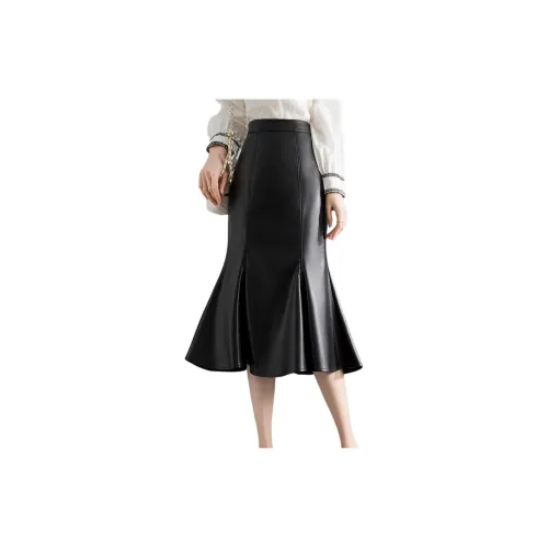 Still quiet Leather Long Skirts Women's Black