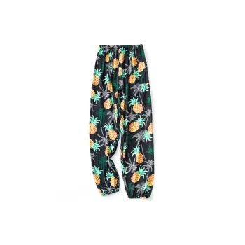Flowers In Water Pajama Pants Women's Black Base With Pineapple Design
