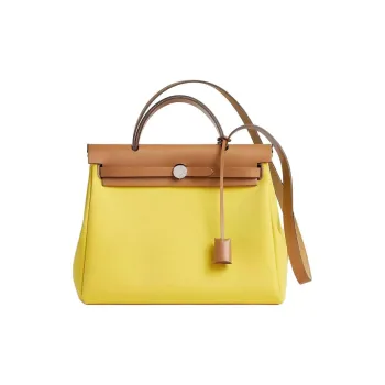 HERMES Herbag Officier Canvas With Hunter Cow Leather Shoulder Bag Crossbody Bag Handbag Women's Bright Yellow & Brown