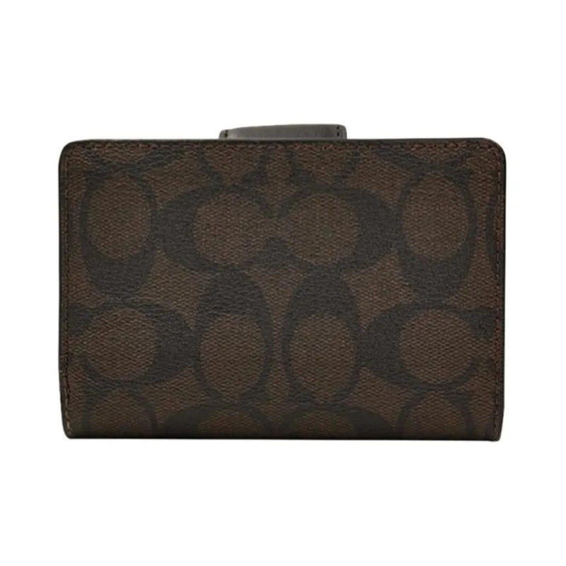 COACH Corner Zip Canvas With Leather Wrist Bag Clutch Mahjong Wallet Medium Size Women's Dark Brown/Black-2