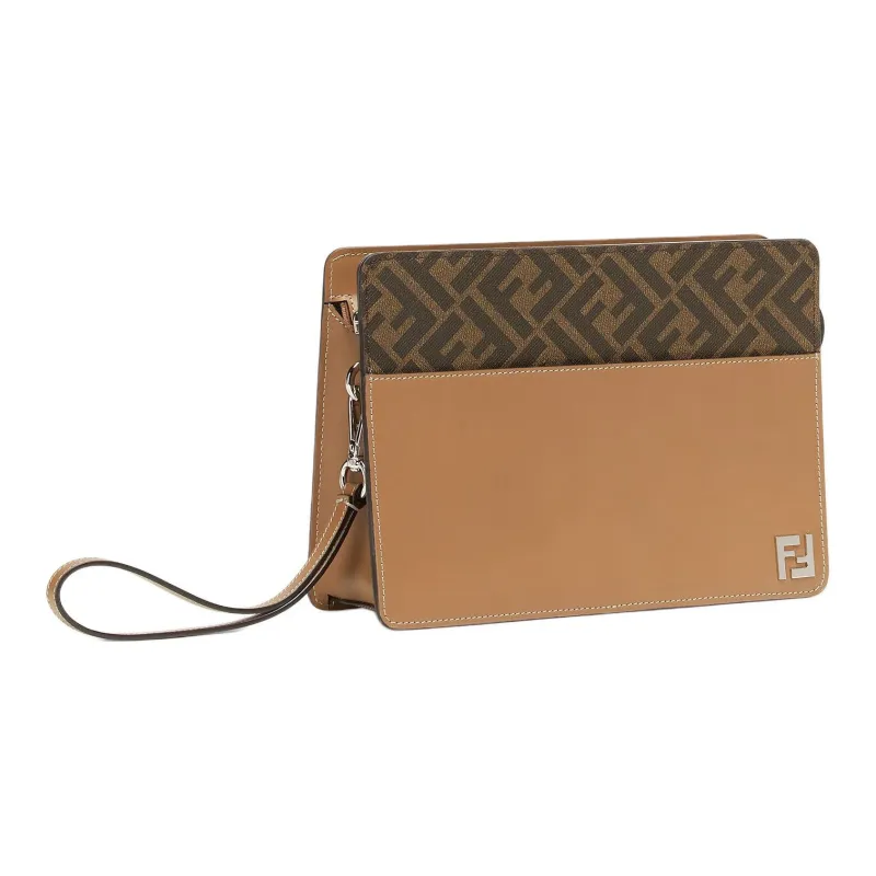 FENDI Canvas Clutch Men's Brown & Beige-1