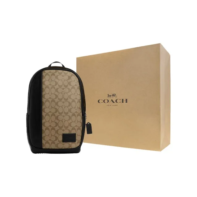COACH Edge Canvas With Leather Backpack Large Size Men's Khaki & Black-6