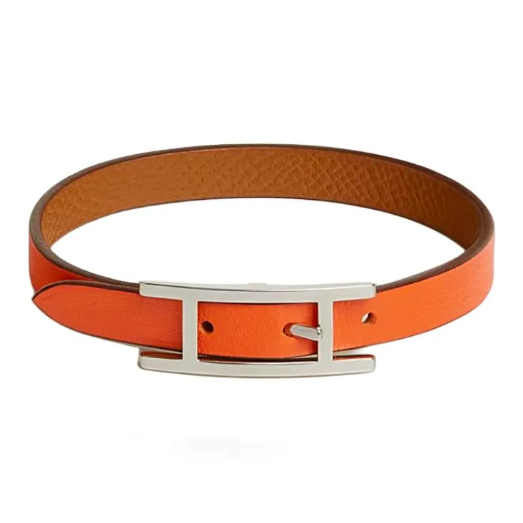 HERMES Calfskin, Palladium Plated Wristbands Women's Orange-0