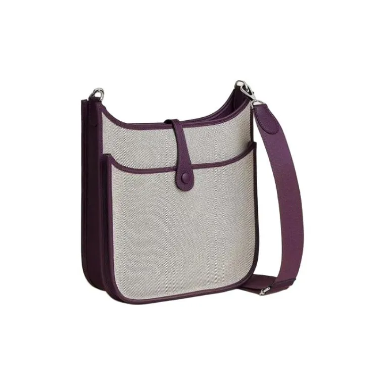 HERMES Evelyne Canvas With Clemence Bullock Leather Shoulder Bag Crossbody Bag Women's Dark Purple With Beige Accents-2