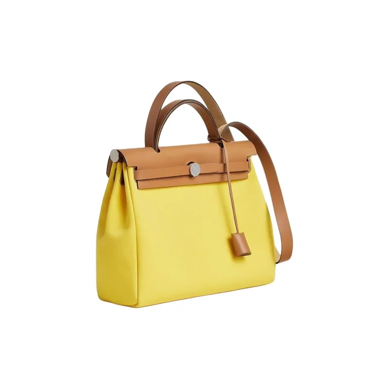 HERMES Herbag Officier Canvas With Hunter Cow Leather Shoulder Bag Crossbody Bag Handbag Women's Bright Yellow & Brown-1