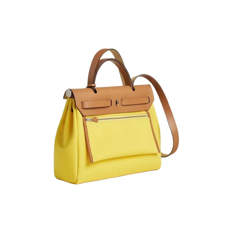 HERMES Herbag Officier Canvas With Hunter Cow Leather Shoulder Bag Crossbody Bag Handbag Women's Bright Yellow & Brown-2