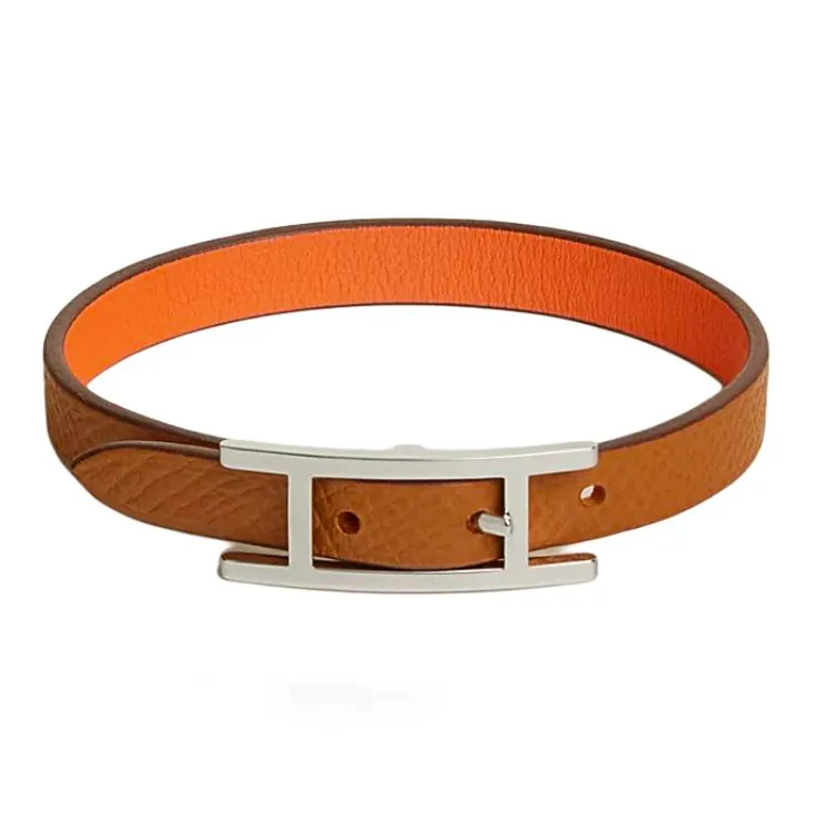 HERMES Calfskin, Palladium Plated Wristbands Women's Orange-1
