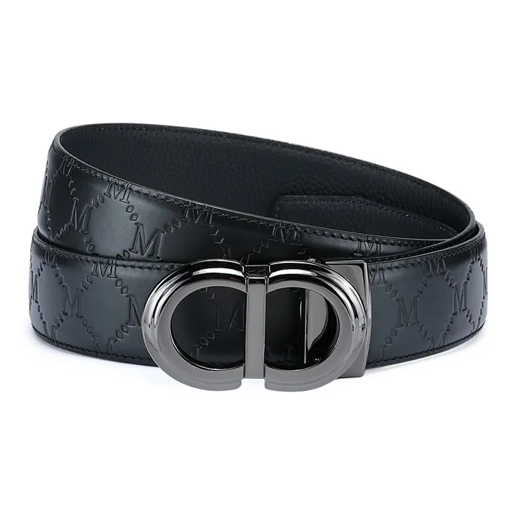 FAIRWHALE Brand Logo Embossed Ring Plate Buckle Belt Top Grain Cow Leather Belt Men's Width 3.5CM-4