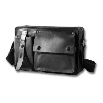 Back Step Top Grain Vegetable Tanned Cow Leather Genuine Leather Crossbody Bag, Shoulder Bag Medium Size Unisex Black