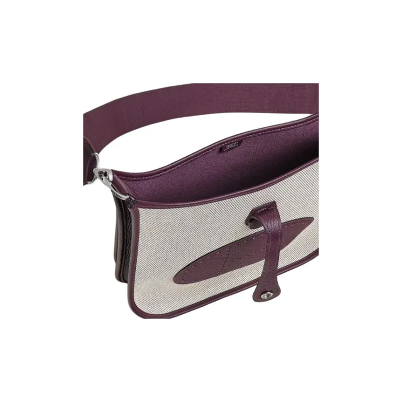 HERMES Evelyne Canvas With Clemence Bullock Leather Shoulder Bag Crossbody Bag Women's Dark Purple With Beige Accents-3
