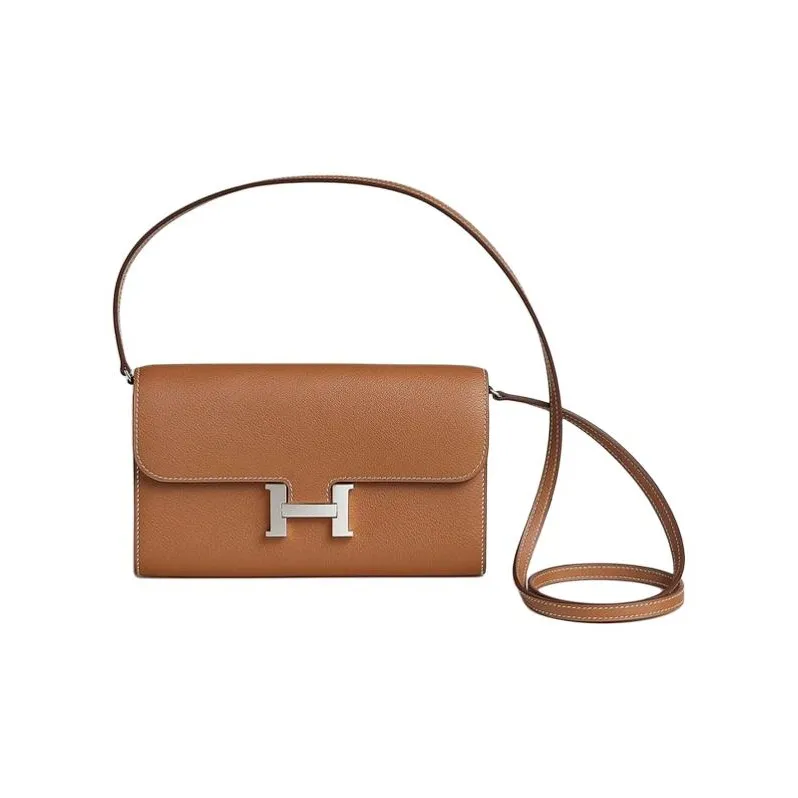 HERMES Constance Long To Go Evercolor Leather Cavale Canvas Wallets Shoulder Bag Crossbody Bag Women's Brown-1