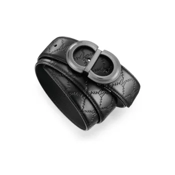 FAIRWHALE Brand Logo Embossed Ring Plate Buckle Belt Top Grain Cow Leather Belt Men's Width 3.5CM