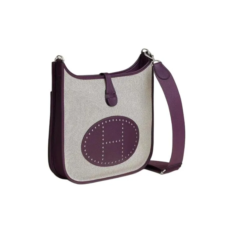 HERMES Evelyne Canvas With Clemence Bullock Leather Shoulder Bag Crossbody Bag Women's Dark Purple With Beige Accents-1