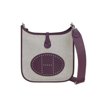 HERMES Evelyne Canvas With Clemence Bullock Leather Shoulder Bag Crossbody Bag Women's Dark Purple With Beige Accents
