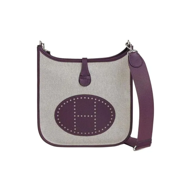 HERMES Evelyne Canvas With Clemence Bullock Leather Shoulder Bag Crossbody Bag Women's Dark Purple With Beige Accents-0