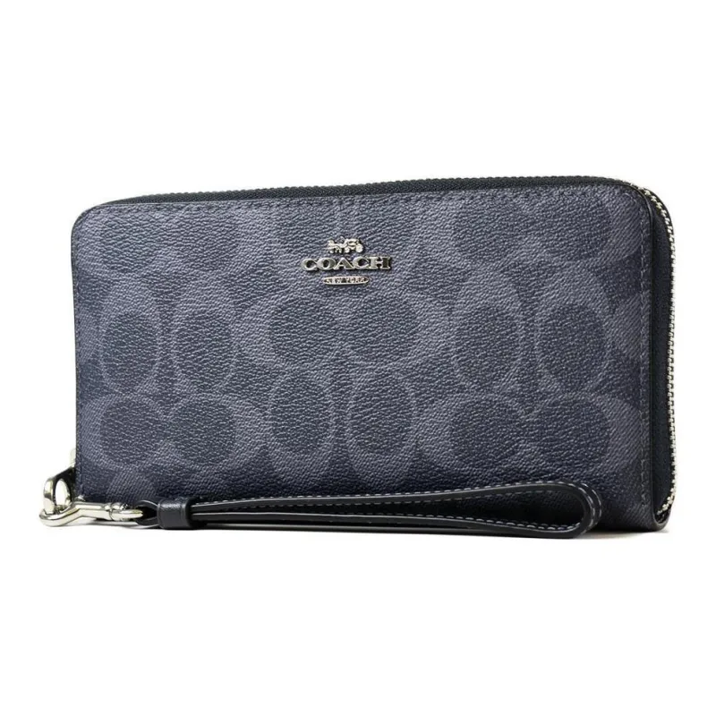 COACH Zip Around Coated Canvas With Smooth Leather Handheld Wallet Small Size Unisex Midnight Navy-1