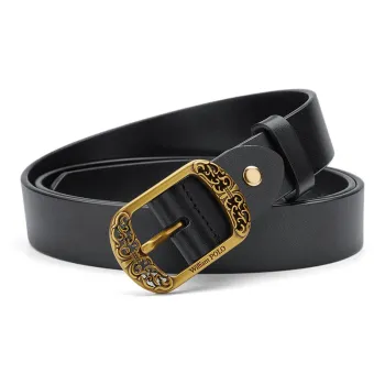 WilliamPOLO Top Grain Cow Leather Leather Belts Women's Gold Buckle Black Strap Width 2.8cm