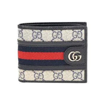 GUCCI Ophidia Canvas With Leather Card Holder Wallet Men's Blue/Beige
