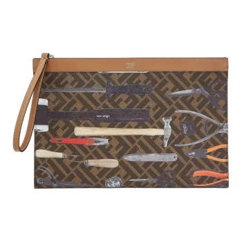 FENDI FF Canvas Clutch Medium Size Men's Brown