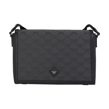 MCM Jacquard With Leather Trim Messenger Bag Shoulder Bag Crossbody Bag Small Size Men's Dark Gray